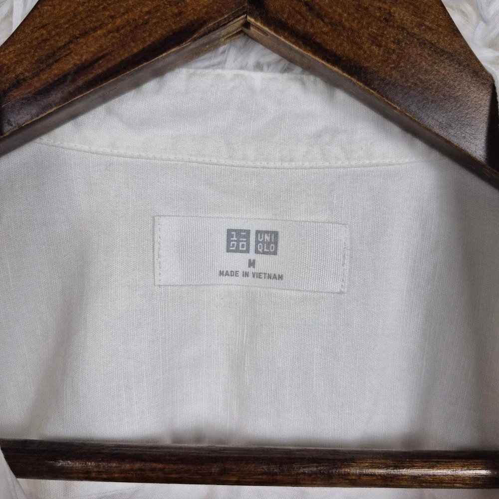 Uniqlo Mens White Cotton Linen Band Collar Short Sleeve Shirt Size M